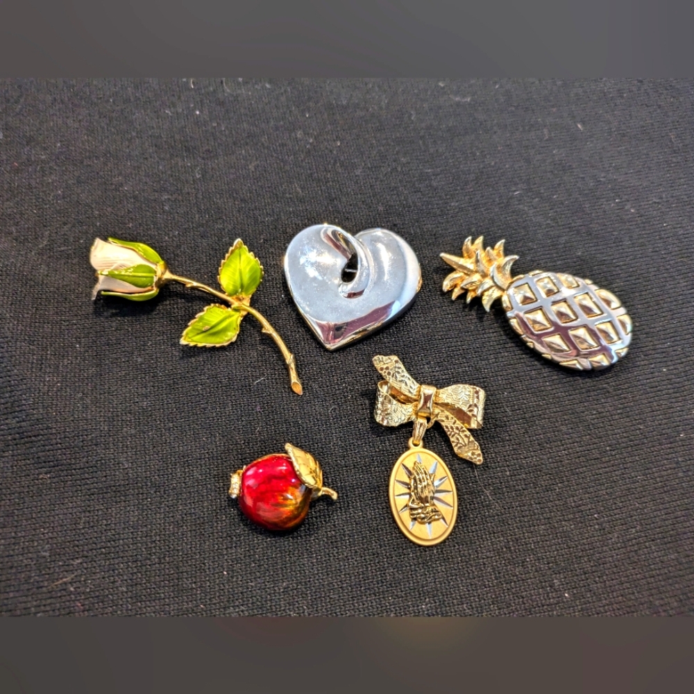 Assorted Brooch Set - Silver, Gold, Red, Green Set of 5 Signed